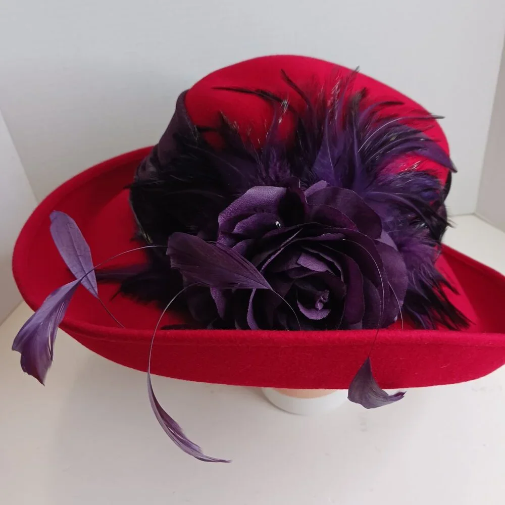 Vintage Derby Hat Fascinator Church Formal Wool Hat Red Purple - Picture 3 of 14